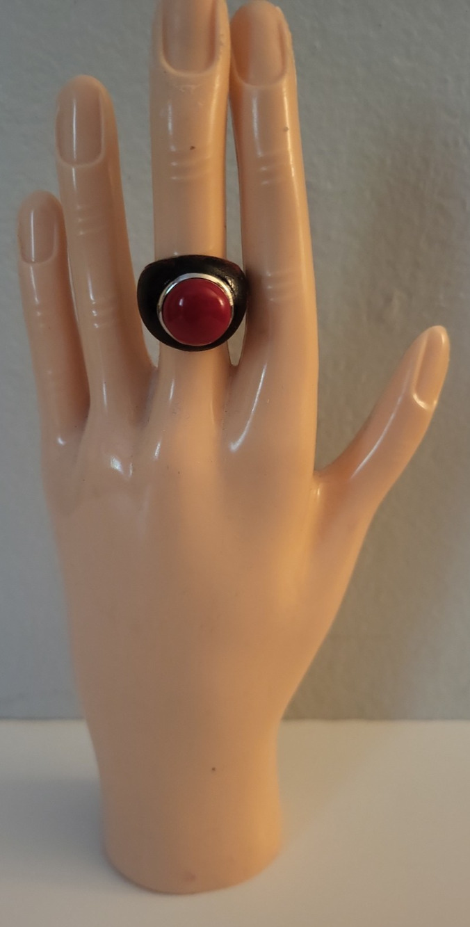 Vintage Lanvin Paris Red Enamel Round Stone Silver & Black Tone Ring Size 6